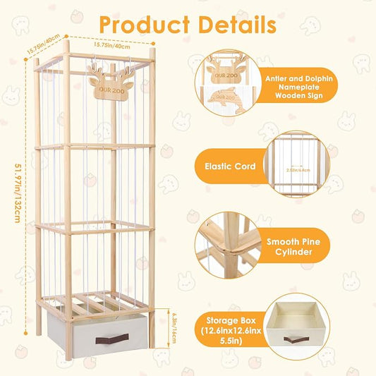 Stuffed Animal Storage Tower, 4-Tier Wooden Stuffed Animal Organizer Holder, Plushies Storage with Two Wooden Cute Zoo Signs for Nursery Playroom Bedroom