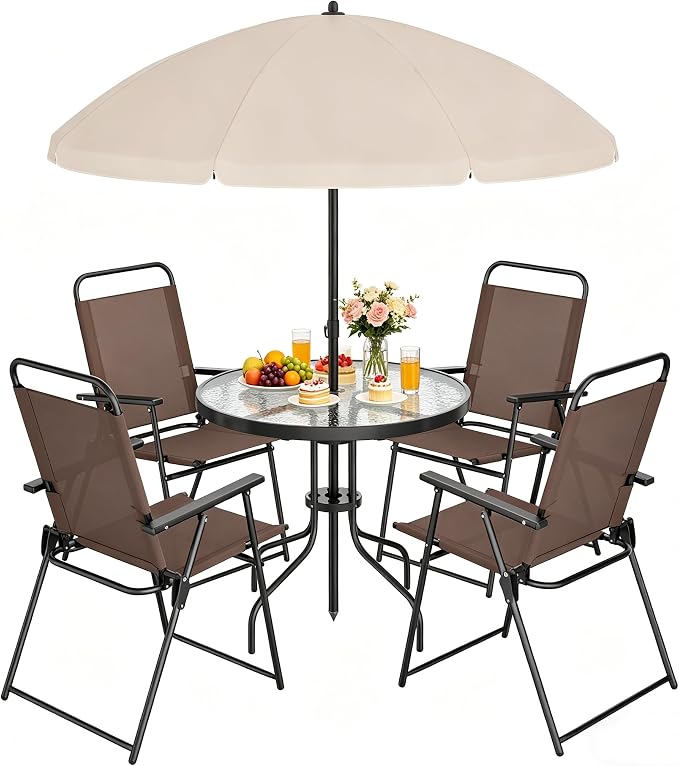 Shintenchi 6 Piece Outdoor Patio Furniture Set, Small Outdoor Patio Dining Table and Chairs Set, Outdoor Seating with Umbrella for Backyard, Balcony, Front Porch, Light Brown