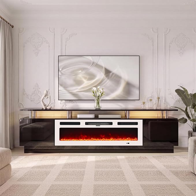 90" TV Stand for Living Room, Large Entertainment Center & Media Console, Fits TVs up to 100", Storage Cabinet with Shelves, 50" Electric Fireplace, Black & White