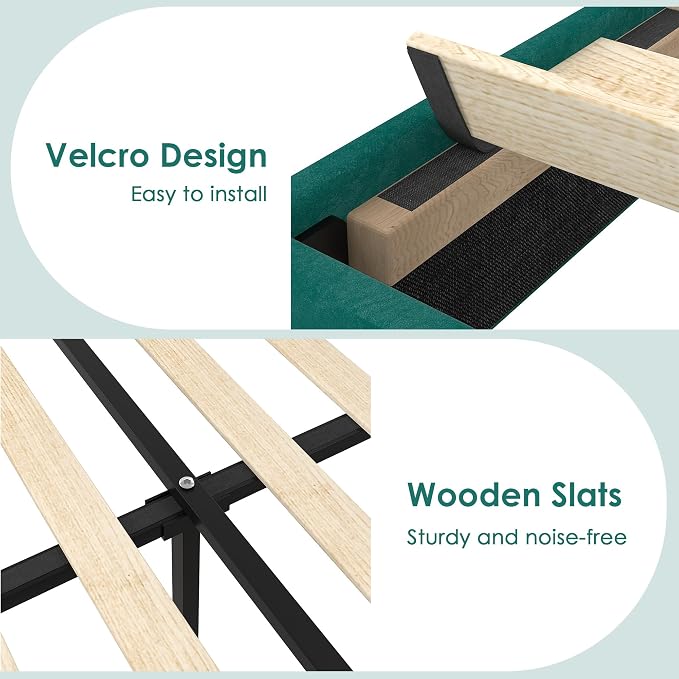 VECELO Full Size Platform Bed Frame with Height Adjustable Upholstered Headboard, Modern Mattress Foundation,Strong Wood Slat Support, No Box Spring Needed, Easy Assembly,Dark Green