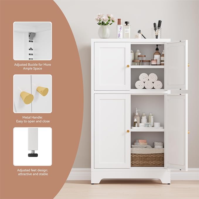 Metal Pantry Cabinet,Tall Kitchen Pantry Storage Cabinet with 4 Doors and 2 Adjustable Shelves,White Freestanding Cupboard Cabinet for Kitchen,Living Room,Dining Room,Home