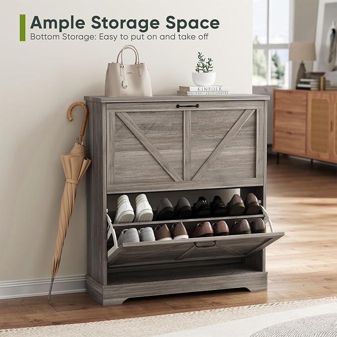 Smart FENDEE Shoe Storage Cabinet with 2 Flip Drawers, Farmhouse Narrow Shoe Cabinet Storage for Entryway, Slim Shoe Rack Cabinet with Wooden Feet, Gery