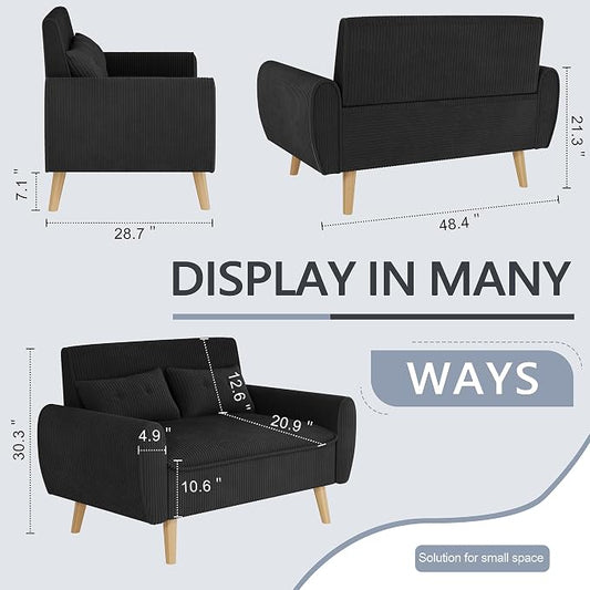 Shintenchi 48'' Loveseat Sofa, Mid-Century Modern Upholstered Couch Deep Seat with 2 Pillows, 10" Thick Cushion with Spring, Solid Wood Frame Small Couch for Living Room, Dorms & Office, Black