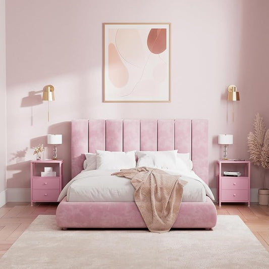 BOLUO Pink Nightstand with Charging Station, LED Night Stand with 2 Fabric Drawers, Bedside Table with USB Ports and Outlets, Nightstand for Bedroom Modern