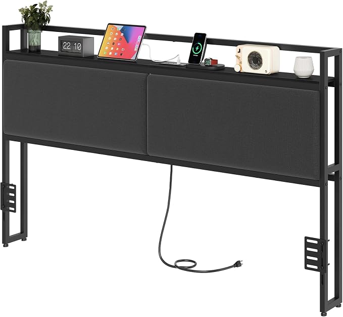 King Size Headboard Only with Storage Shelves, Upholstered Headboard with Charging Station, Height Adjustable, Sturdy and Stable, Vintage Style, Black