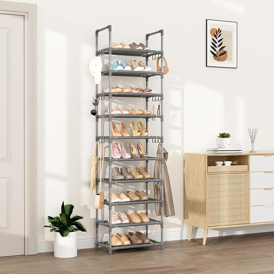 VTRIN 10 Tiers Tall Shoe Rack Holds 20-25 Pairs of Shoes Sturdy Vertical Shoe Organizer with 18pcs Hooks Stackable Narrow Shoe Rack for Closet, Entryway Grey
