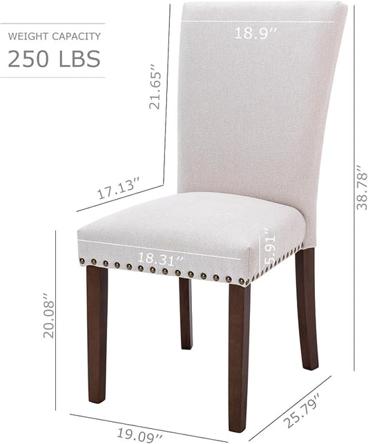 MALOL COLAMY Upholstered Parsons Dining Chairs Set of 2, Fabric Kitchen Side Chairs with Nailhead Trim and Wood Legs, Dining Room Chairs for Farmhouse Restaurant, Beige