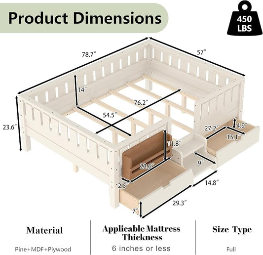Full Platform Bed with Storage Drawers and Bookshelves, Kids Platform Bed Frame with Low-profile Stairs and Full-length Guardrails, Full Bed Frame for Kids, Boys, Girls, No Box Spring Needed, Beige