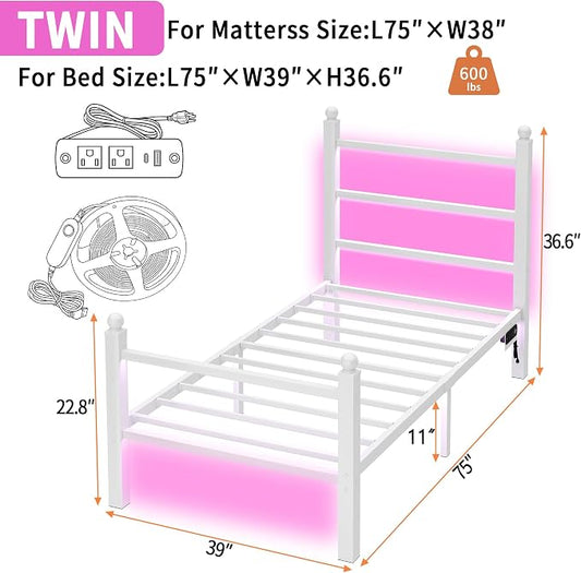 CLIBFENG Twin Bed Frame with Headboard and Footboard,Steel Slats Support-LED Bed Frame with USB Charging Station,Mattress Foundation-Under Bed Storage,No Box Spring Needed,Noise Free,White