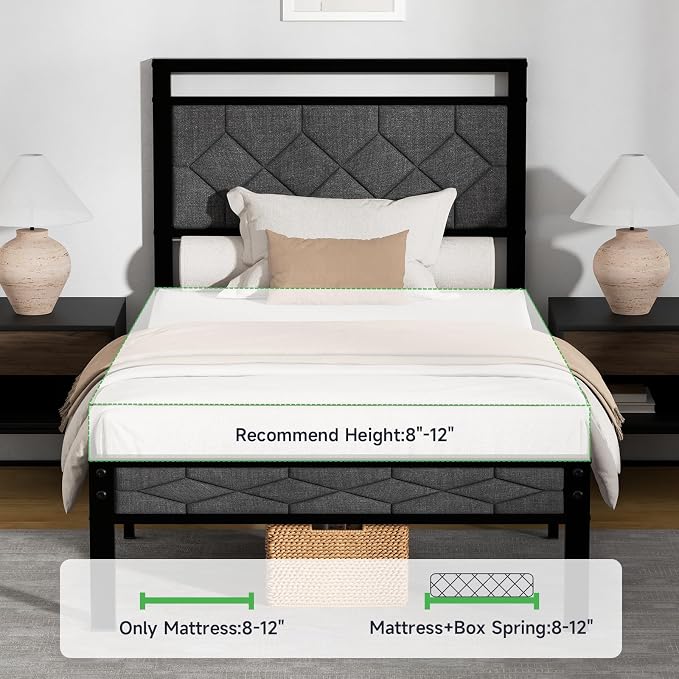 Z-hom Twin Bed Frames, Twin Bed Frame with Upholstered Headboard, Metal Platform Beds Solid and Stable, Grey, Noise Free, Easy Assembly, No Box Spring Needed