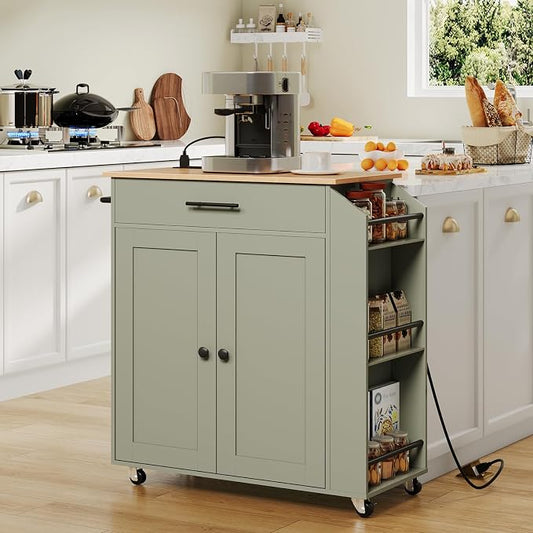 HOOBRO Kitchen Island with Power Outlet, Storage Island with Spice Rack and Drawer, Rolling Kitchen Cart on Wheels, for Home, Dining Room, Natural and Green JN82UZD01G1