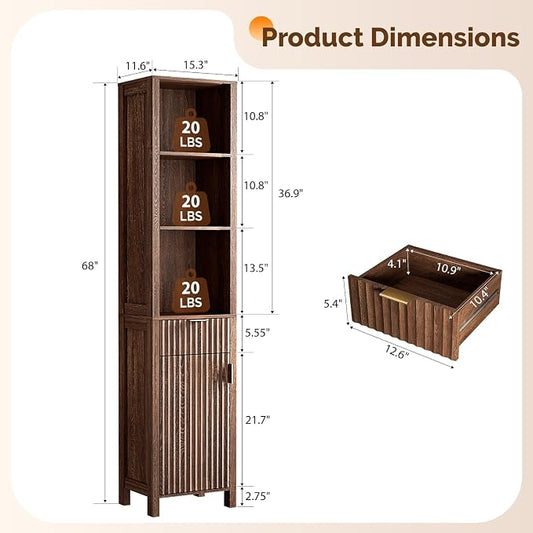VINGLI 68" Tall Narrow Bathroom Storage Cabinet, Slim Freestanding Floor Cabinet with Fluted Door & Drawer, 12 Inch Deep Skinny Wood Organizer for Small Spaces, Kitchen & Living Room, Dark Walnut