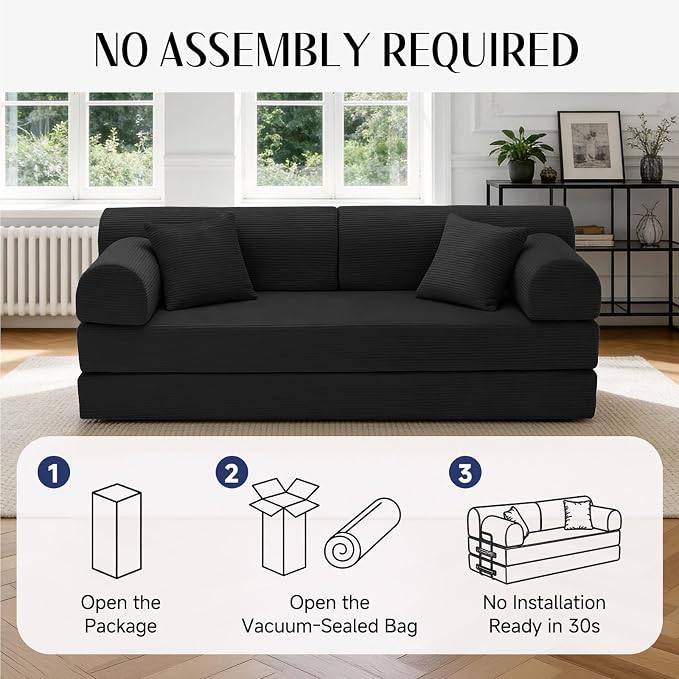 79'' Convertible Sofa Bed, 6 in 1 Folding Floor Futon Couch Sleeper with Fixed Frame, Corduroy Modular Sofa Bed with Removable Armrests & Pillows, No Assembly for Living Room Bedroom (Black)