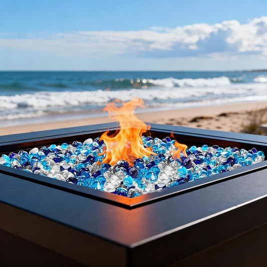 Blended Fire Glass Diamonds for Propane Fire Pit, Fireplace, and Outdoor Decoration,1 Inch Fire Pit Glass Rocks 20-Pound (Crystal Clear+Cobalt Blue+Caribbean Blue)