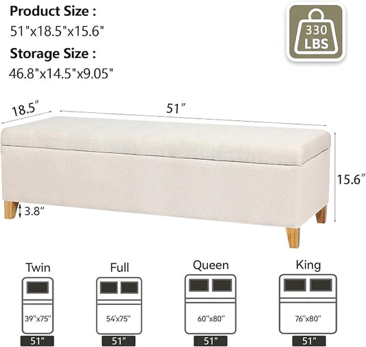 Joveco Storage Ottoman Bench, 51" Linen Rectangle Long Bench, for Bedroom, End Foot of Bed, Living Room, Entryway, Beige