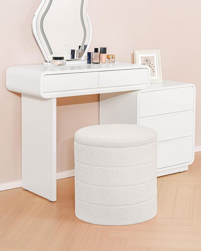 B FSOBEIIALEO Ottoman with Stroage, Round Sherpa Storage Ottoman Stool, Boucle Foot Rest 16.9"x16.9"x17.7"(White