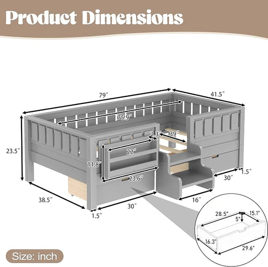 Bellemave Twin Montessori Bed with Stairs, Rails and Slats, Twin Size Montessori Floor Bed with Bookshelf and 2 Storage Drawers, Easy Assemble Beds Frame for Girls, Boys, Gray