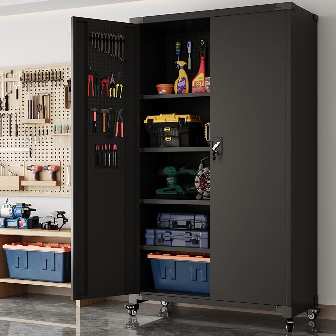 Upgraded Wide & Deep Metal Garage Storage Cabinet with Wheels & Pegboards, 4 Adjustable Shelves, Heavy Duty Lockable Metal Storage Tool Cabinet with Pegboards for Warehouse, Basement, Office, Gym