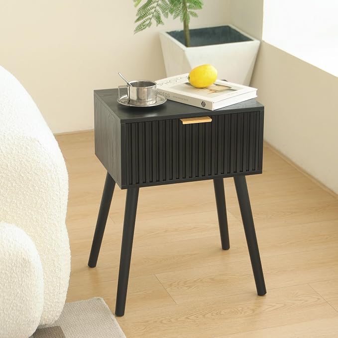 AWASEN Black Nightstand, Small End Tables Living Room, Accent Bedside Table with Fluted Drawer for Bedroom and Small Space, Black