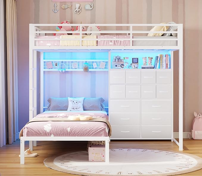 BTHFST Bunk Bed Twin Over Twin with 14 Storage Drawers & Bookshelf, Twin Bunk Beds with RGB LED Lights & Metal Grid Panel, Metal Bunk Beds for Kids with Safety Guardrails & Ladder, White