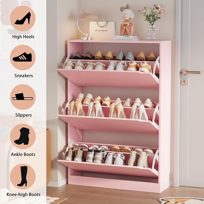 Shoe Storage Cabinet, Wood Shoe Organizer for Entryway with 3 Flip Drawers, Freestanding Shoe Rack with Adjustable Shelf, Narrow Shoe Dresser for Front Door Entrance (Pink, 3 Drawers)