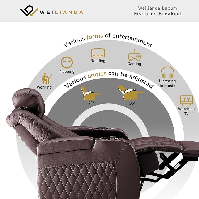 Weilianda Home Theater Seating Top Grain Leather Zero Gravity Recliner Chair Power Headrest Recline Movie Seat Gaming 7 Colors Mood Light Sofa with Tray Table USB Charge Row of 2 Loveseat Brown