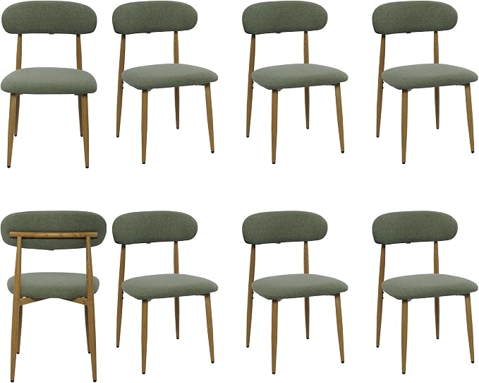 FREKEN Modern Upholstered Dining Chairs Set of 8, Mid-Century Metal Frame with Wood Grain, Linen Fabric Side Chair for Kitchen Dining Room, 350lbs Capacity, Green