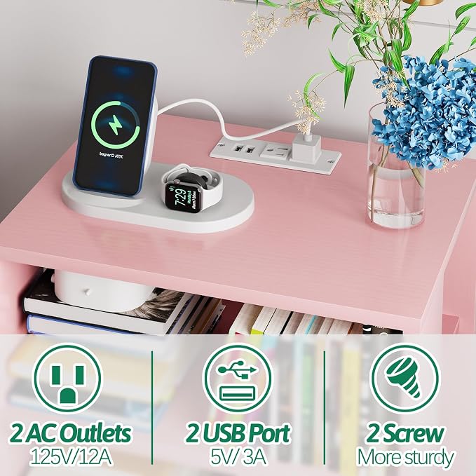 Aenuert Night Stand with Charging Station, Pink Nightstand with Drawer, 3-Tier Wooden Bedside Table with USB Ports and Outlets, End Table for Small Space, Living Room, Bedroom