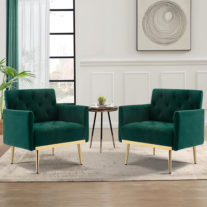 Green Velvet Accent Chairs Set of 2, Comfy Button Tufted Armchair, Upholstered Arm Chair Single Sofa Reading Chairs with Arms and Gold Metal Leg for Living Room Bedroom Nursery Office