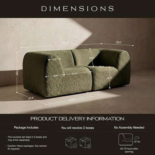 38" Curved Single Sofa Corner Chair, Boneless Sherpa Couch with Deep Seat, Comfy Teddy Sofas for Living Room, Bedroom, Apartment, Modern Sectional Modular Couches – No Assembly, Green