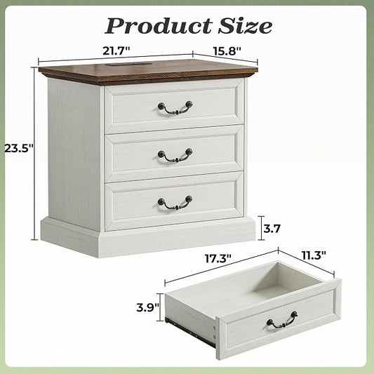 Huuger Nightstand with Charging Station, 3 Drawer Night Stand Set of 2, 22 Inch Wider Side Table with Storage, Farmhouse Nightstand with Vintage Handles, Thicken Base, for Bedroom, Distressed White
