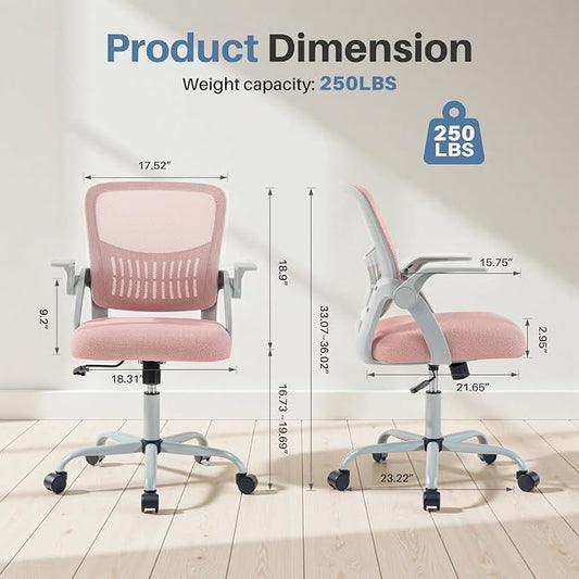 Sweetcrispy Home Office Managerial Executive Chair, Flip Up Armrest Ergonomic Mesh Adjustable Swivel Mid-Back Computer Desk Chair with Comfortable Lumbar Support, Comfy Arms for Bedroom,Study