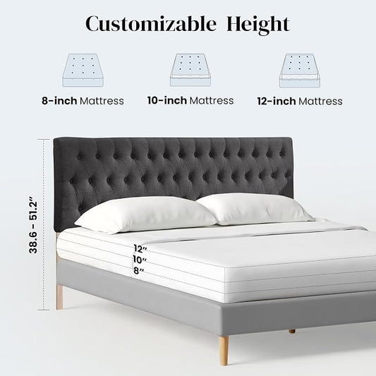 Tufted Upholstered King Size Bed Headboard in Modern Button Design, Adjustable Solid Wood Head Board, Premium Linen Fabric Padded Headboards in Bedroom (Dark Grey)