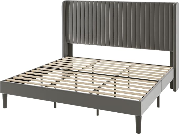 Allewie King Size Velvet Bed Frame/Vertical Channel Tufted Wingback Headboard/Upholstered Platform Bed/No Box Spring Needed/Strong Wooden Slats/Easy Assembly/Grey