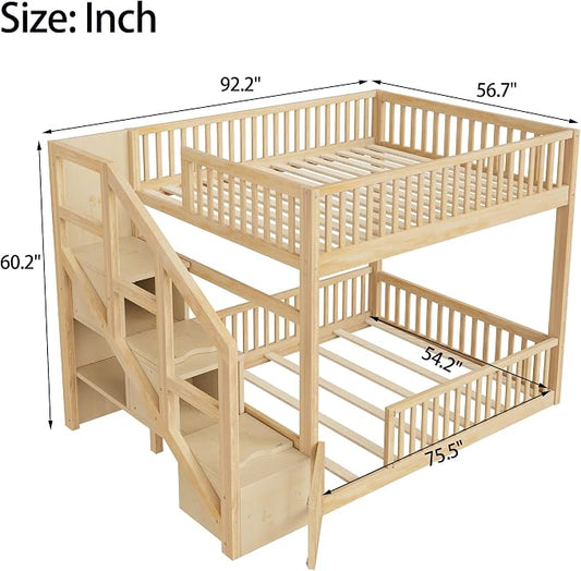 Full Over Full Floor Bunk Bed with Storage Ladder and Guardrails,for Kids Teens Adults (Natural#FF, Full Over Full)