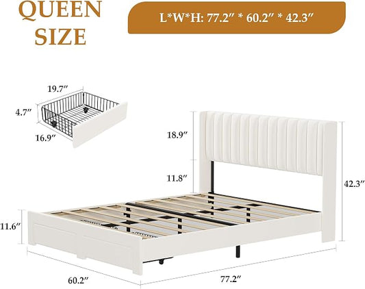 IDEALHOUSE Queen Bed Frame with Wingback Headboard, Velvet Upholstered Platform Bed with 2 Storage Drawers, Vertical Tufted Headboard Design, Wooden Slats Support, No Box Spring Needed, Beige