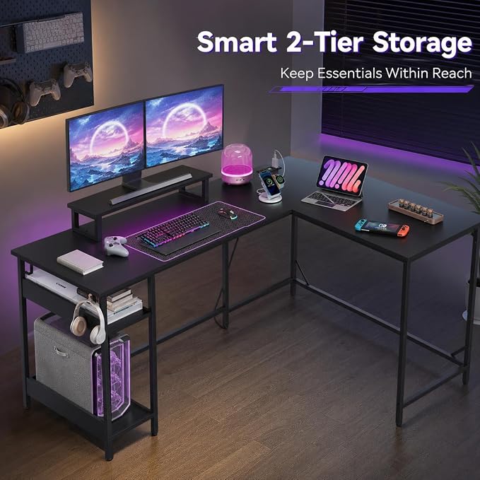 DEVAISE Spacious 55" L Shaped Gaming Desk with LED Lights and Power Outlets - Reversible Corner Computer Table with Monitor Stand and Storage Shelves for Work and Gaming, Black
