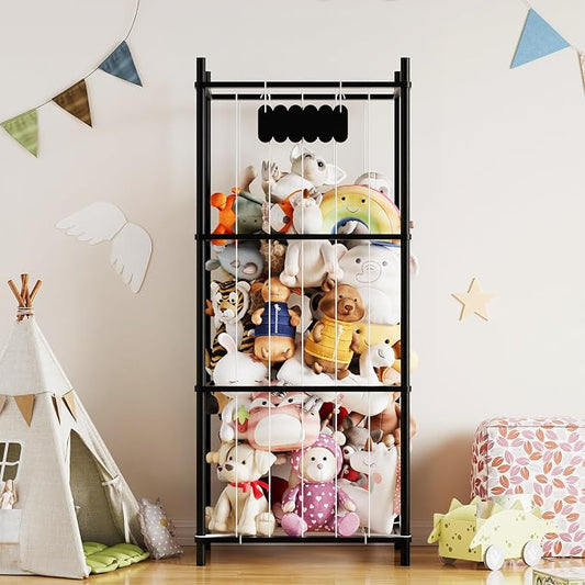 SpaceAid Stuffed Animal Storage Organizer, Wood Animals Zoo Toy Plushies Storage Holder, Large Capacity Plush Toy Cage for Playroom Organization, 22.8" Wide, Black