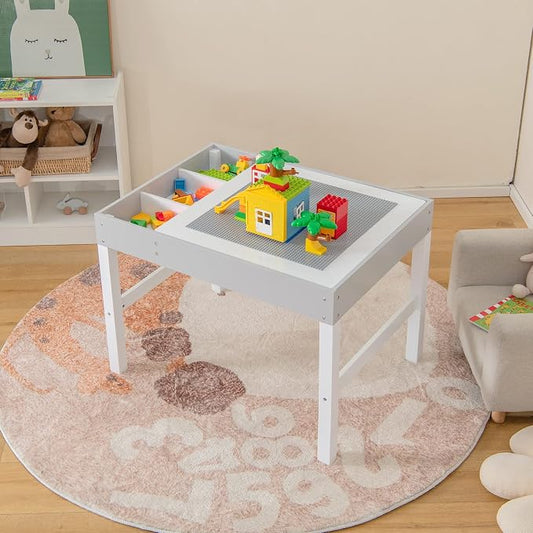 HONEY JOY Kids Table, 3 in 1 Toddler Wooden Activity Table, Convertible Building Block Tabletop, 3 Storage Compartments, Children Furniture Set for Daycare, Playroom (White)