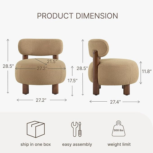 Modern Boucle Accent Chair, with Plush Faux Sherpa Upholstery, Curved Backrest, Solid Wood Legs for Living Room Bedroom Reading Nook, 27.5", Camel