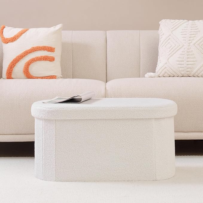 B FSOBEIIALEO Ottoman with Storage for Living Room, Sherpa Folding Storage Ottoman Foot Rest, 30 Inches Collapsible Bedroom Bench White Cream
