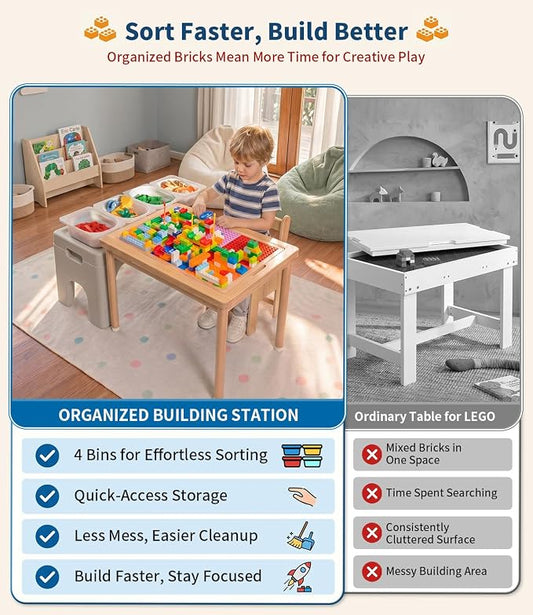 JOIN&JOY 28" Kids Activity Table, Compatible with Lego & Duplo Bricks, 4 Foldable Storage Bins, Premium Solid Pine Wood Play Desk, Reversible Tabletop for Multi-Child STEM Learning & Crafts