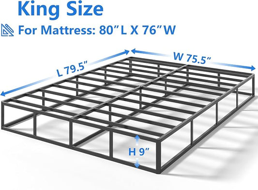 Qingzhou Box Spring King Bed Bases, 9 Inch High Metal King Size Box Spring Only, Heavy Duty Mattress Foundation with Fabric Cover, Easy Assembly, Quiet Noise Free, Non Slip, Black