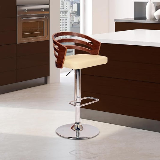 Armen Living Adele Modern Adjustable Height Swivel Cream Faux Leather and Walnut Wood Bar Stool with Chrome Base for Kitchen Island Counter