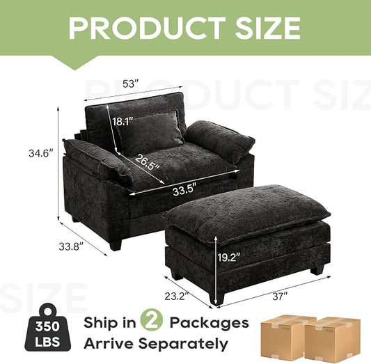 Oprisen 53" Modular Sectional Sofa, Comfy Cloud Couch Sectional Sofa with Ottoman, Chenille Sofa Sleeper Deep Seat Sofa with Throw Pillows for Living Room (Black)