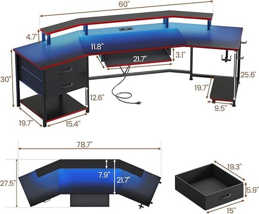 Itaar 79" Gaming Desk with 2 Fabric Drawers, Long Computer Desk with Power Strip & LED Lights, U Shaped Desk wtih Storage and Cup Holder, Large Gaming Table for Bedroom, Carbon Fiber Black+Red