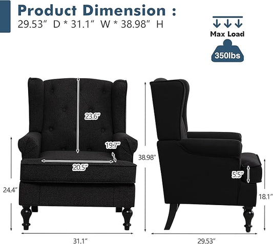 Accent Chair for Living Room, Mid Century Modern Upholstered Armchair, Wingback Chair with Tufted High Back and Solid Legs, Comfy Side Chairs Single Sofa for Bedroom, Black
