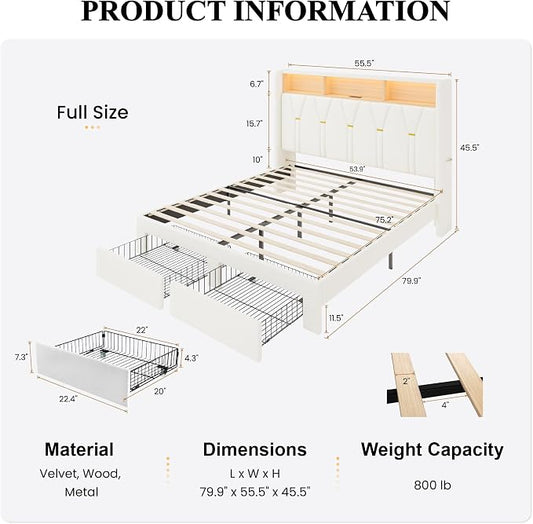 SHA CERLIN Full Velvet Platform Bed Frame with 2 Storage Drawers, LED Storage Headboard with Charging Station, Upholstered Wingback Headboard, Noise-Free, No Box Spring Needed, Easy Assembly, White