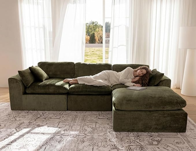 115" Modular Sectional Sofa – Modern Cloud Couch with Deep Chenille Seats,L-Shape Boneless Couch for Living Room, No Assembly, Olive Green (3 Seater + 1 Ottoman)
