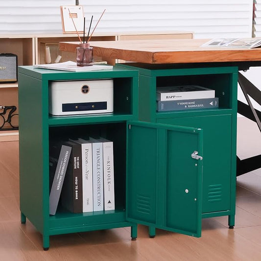 ALBAD Compact Metal Nightstand with Lockable Cabinet and Open Shelf, Modern Bedside Table, Versatile Side Table for Bedroom, Living Room, or Office (Green, 26" H-Lockable Door)